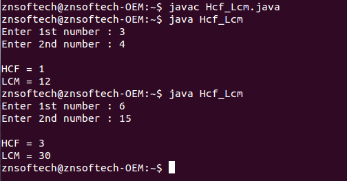 Java code to find HCF & LCM of two numbers using recursion