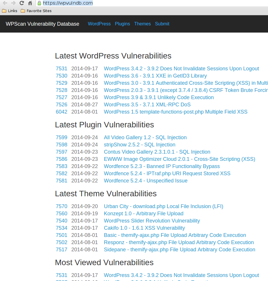 O WPScan Vulnerability Database é uma versão navegável on-line de arquivos de dados do WPScan que são usados para detectar conhecido WordPress núcleo, plugins e temas vulnerabilidades.  Esta base de dados foi elaborado pela Equipe WPScan e vários outros contribuidores Open Source desde o lançamento do WPScan. O desenvolvimento da Vulnerabilidade WPScan banco de dados foi financiado pelo projeto 5by5 de BruCON.