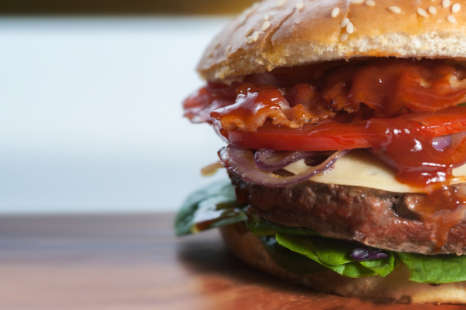 Blue Cheese Burgers with Brown Sugar Bacon and Chipotle Ketchup