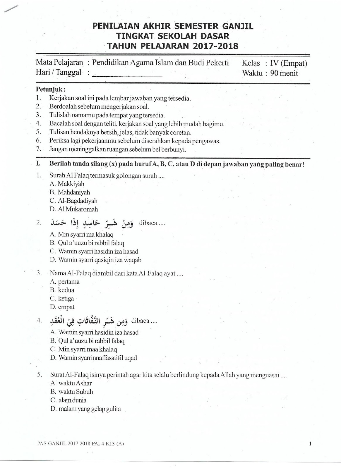 Download soal uas ganjil kelas 4 sd