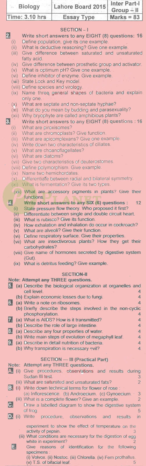 Intermediate Part 1 Past Papers Lahore Board 2015 Biology Group I