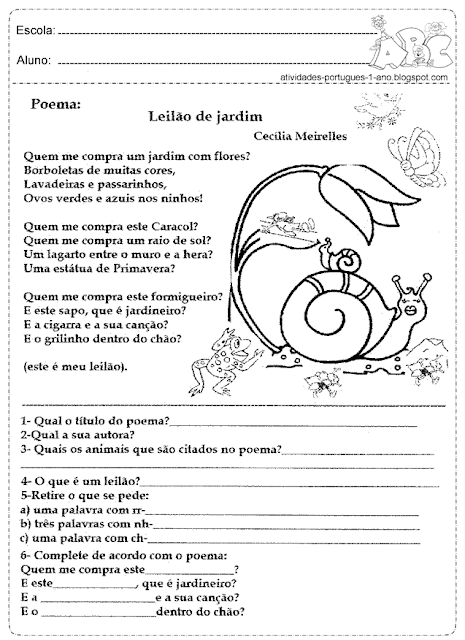 Interpretação de texto poema para o 1° ano do ensino fundamental