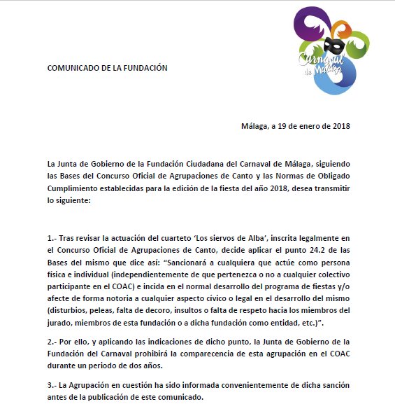 Un cuarteto del Carnaval de Málaga, sancionado por insultar y denigrar a la mujer Un cuarteto del Carnaval de Málaga, sancionado por insultar y denigrar a la mujer