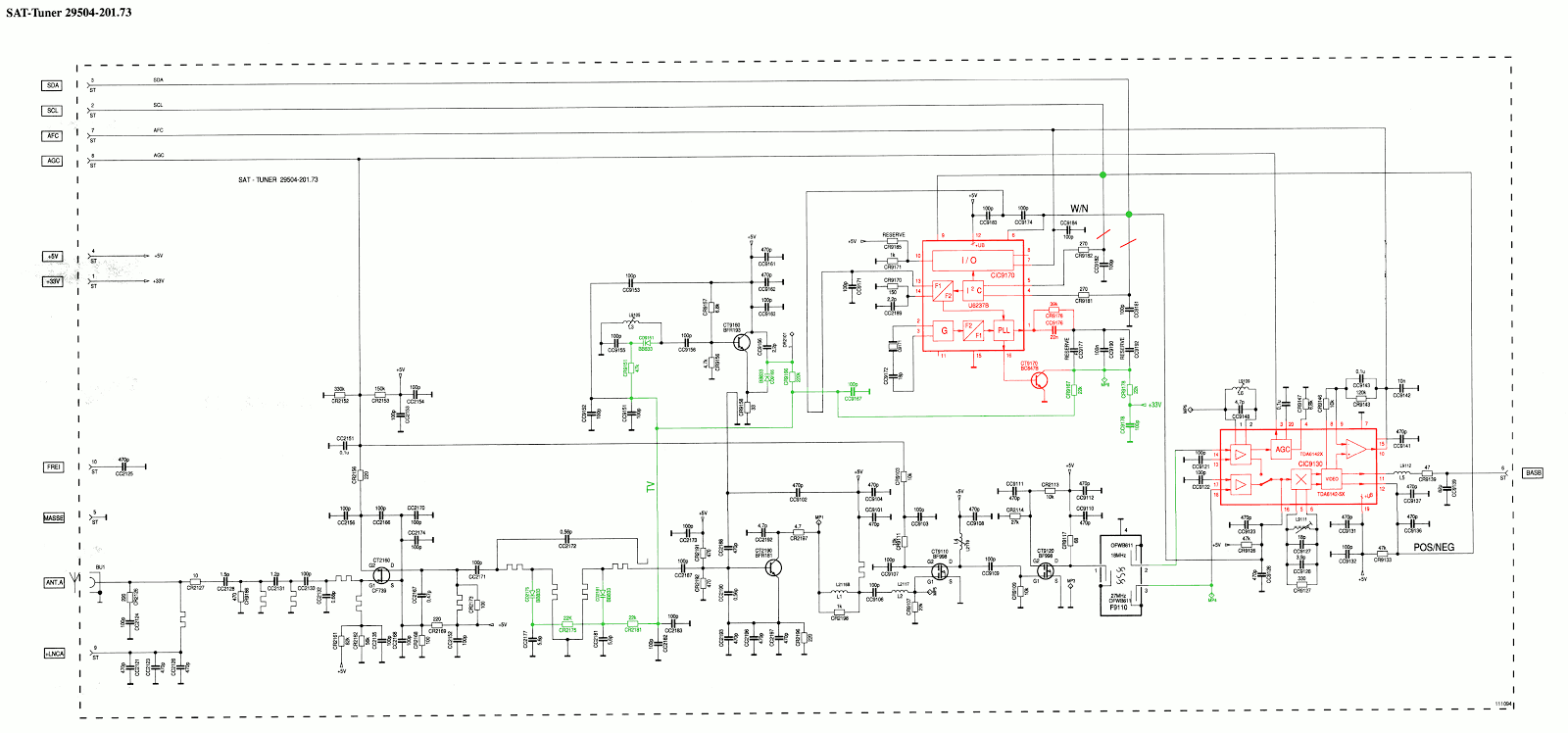 SAT Tuner U6237B modification schematic. The ICs get removed. +33V becomes +VT. The IF is available at the SAW filter pins.
