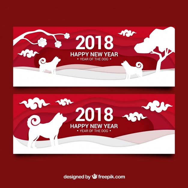 Chinese new year banners with paper shapes Free Vector
