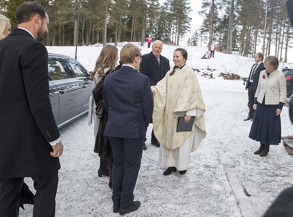 Queen Sonja, Princess Ingrid Alexandra and Prince Sverre Magnus. Crown Princess Mette-Marit wore Red Valentino floral jacquard coat