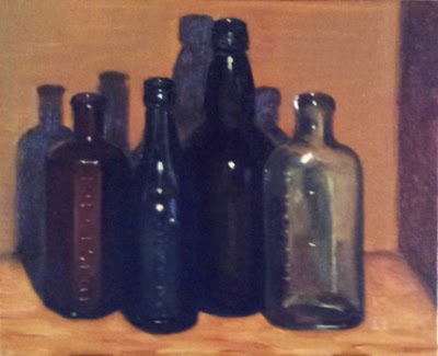 Oil painting of four antique coloured-glass bottles (brown, green, black and transparent with green tinge).