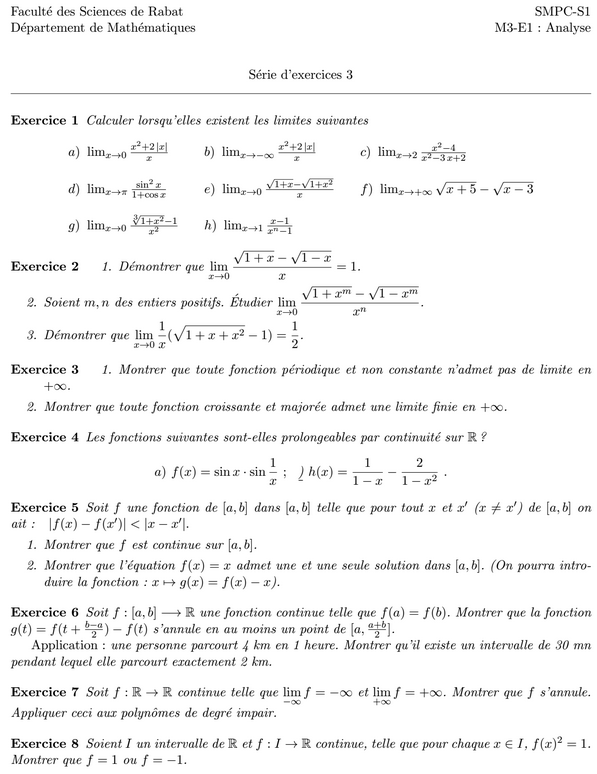 TD ANALYSE 1 serie n° 3 S1 SMPC +Corrigés 20132014 FSR SMC