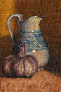 Oil painting of a blue and white porcelain jug beside a bulb of garlic.