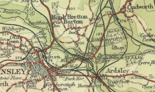 A coloured map snip showing the location of Monk Bretton and Cudworth relative to Barnsley town.