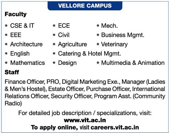 VIT, Chennai, Vellore, Bhopal, Amaravati, Wanted Teaching Faculty / Non