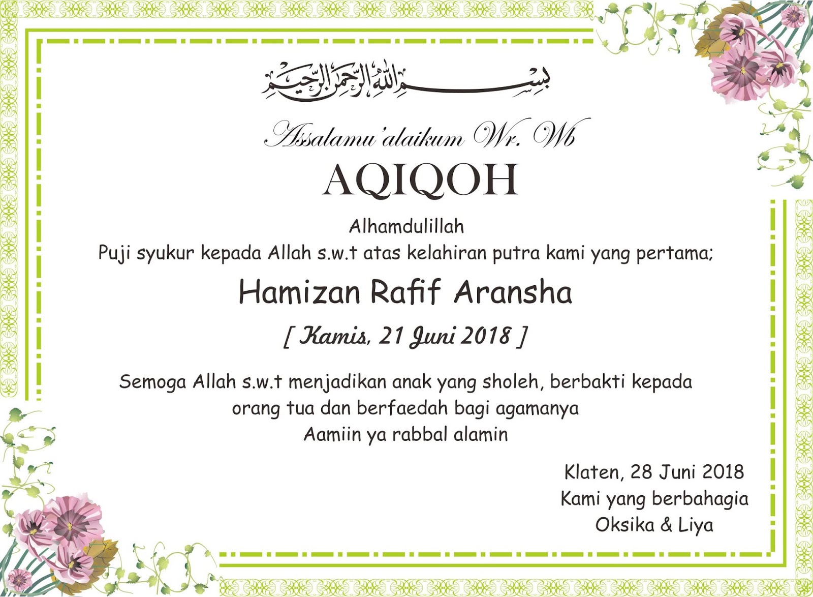 Undangan Selapanan Dan Aqiqah Pigura