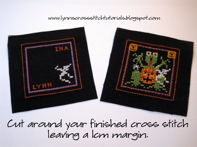 Halloween cross stitched scissor fob tutorial showing black beaded scissor fob with pumpkins embroidered  in cross stitch