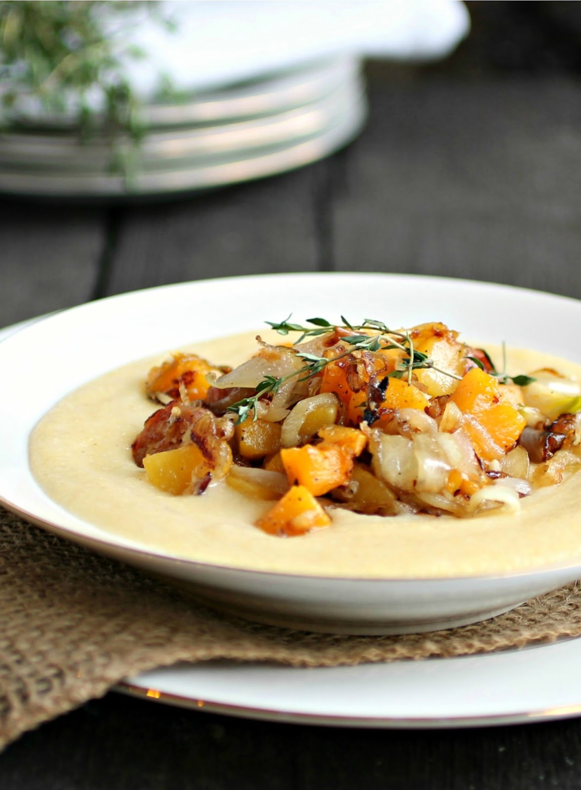 Polenta with Butternut Squash, Sausage and Caramelized Onions