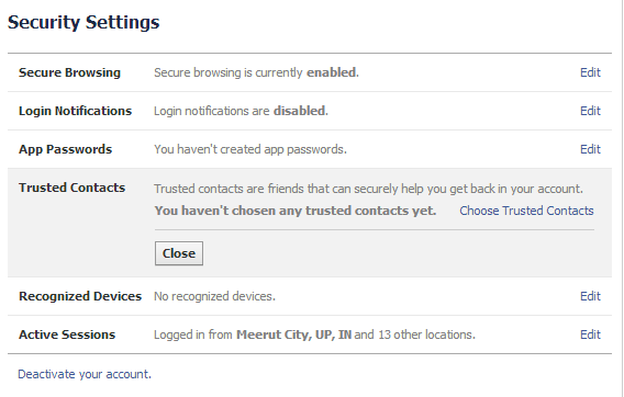Facebook's security settings trusted contacts