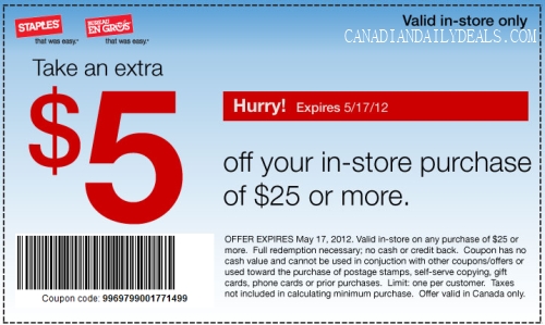 Canadian Daily Deals: Staples: $5 Off $25 *Printable ...