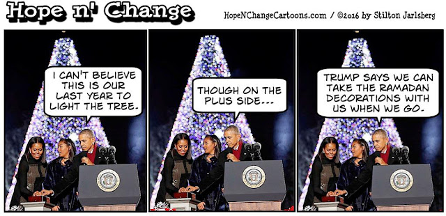 obama, obama jokes, political, humor, cartoon, conservative, hope n' change, hope and change, stilton jarlsberg, christmas tree, countdown, trump, twitter, cabinet