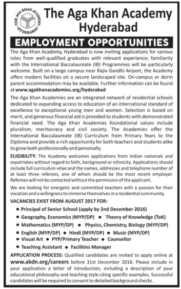 The Aga Khan Academy, Hyderabad Wanted Principal plus Teachers - Faculty Plus Teachers The Aga Khan Academy, Hyderabad Wanted Principal plus Teachers - Faculty Plus Teachers