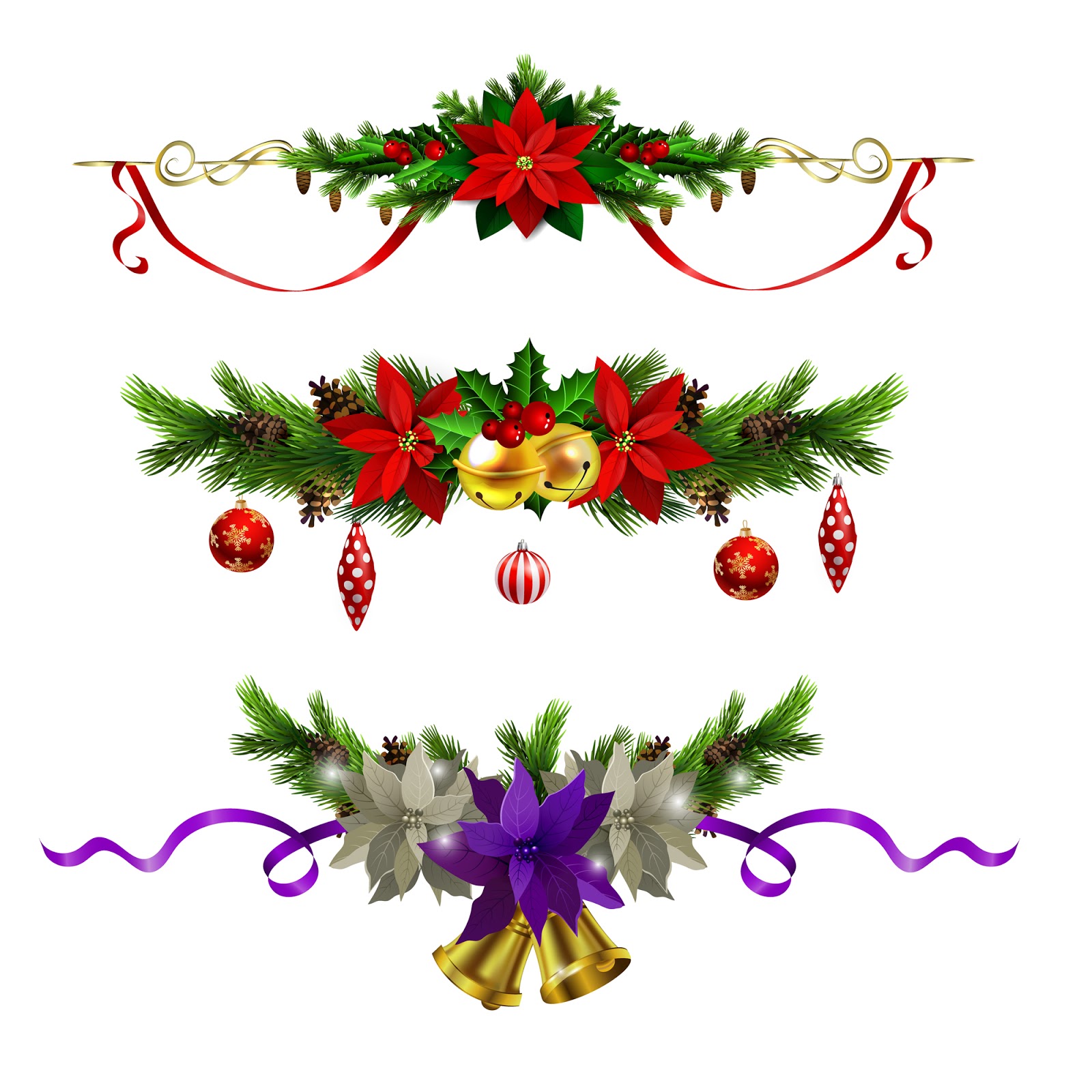 Banco de Imágenes Gratis: Decoraciones para crear tarjetas y postales de  Navidad que incluyen nochebuenas, esferas, campanas, pino verde y cascabeles