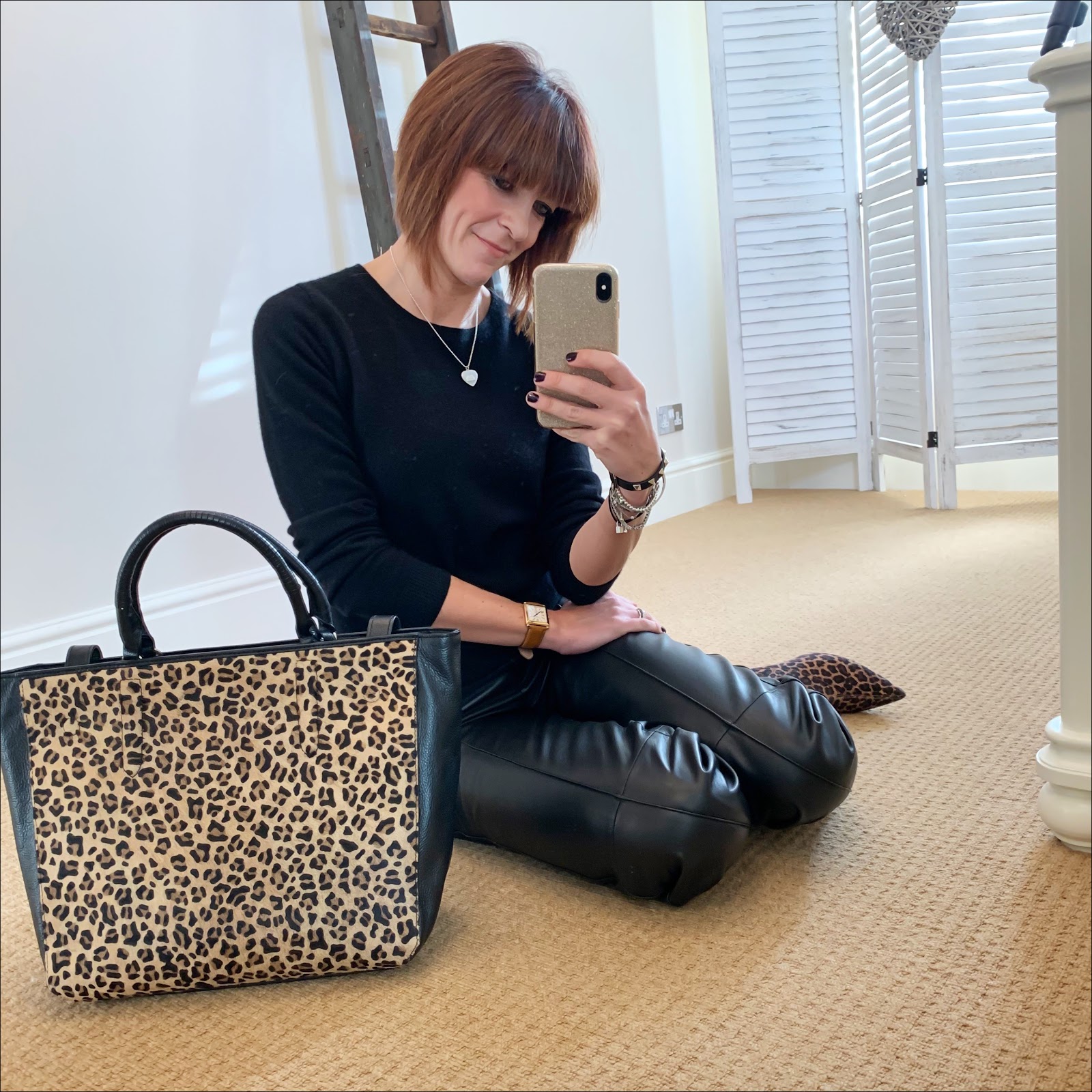 my midlife fashion, boden cashmere crew neck jumper, zara leopard print sock boots, marks and spencer leather straight leg trousers, radley witney faux leopard print leather open top tote