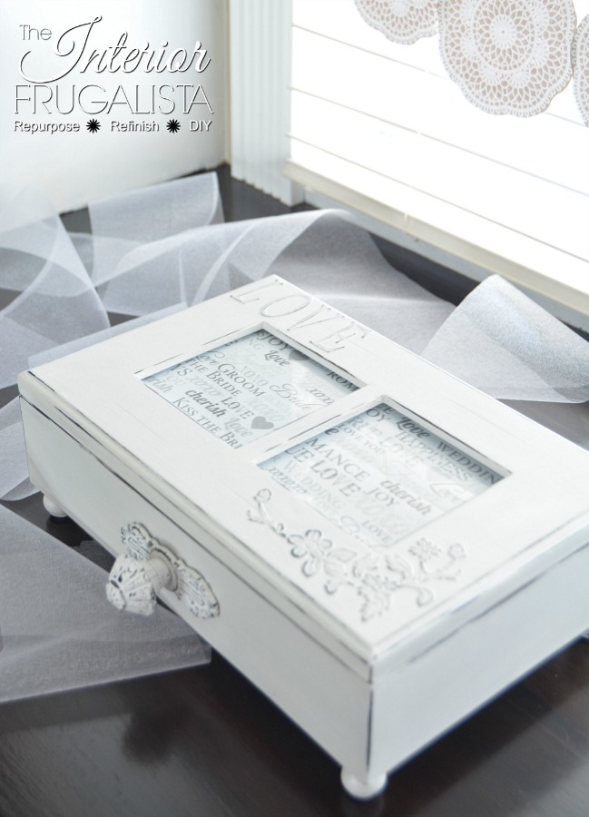 An elegant DIY wooden wedding card box for a cash wedding gift or a romantic wedding card holder for the gift table from an upcycled thrift store box.