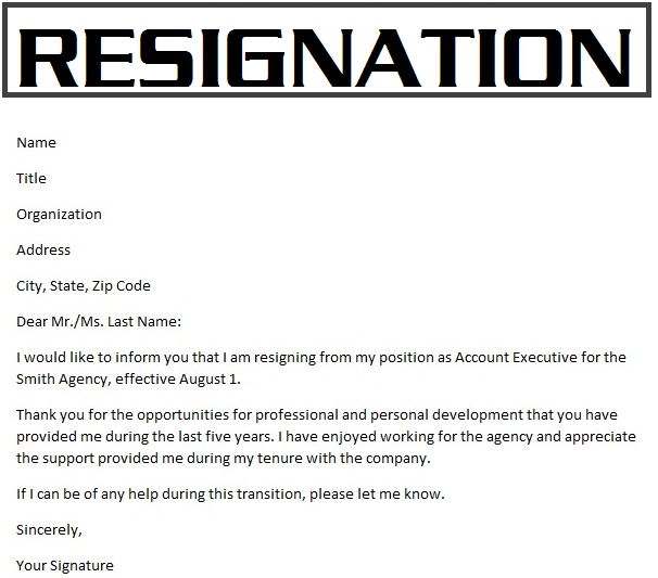 Samples of resignation letters: resignation letters template