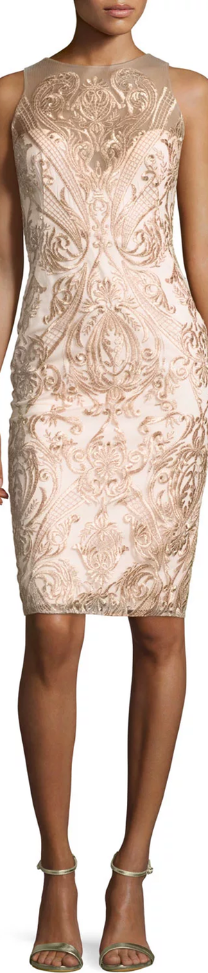 Marchesa Notte Sleeveless Embroidered Illusion Cocktail Dress, Blush
