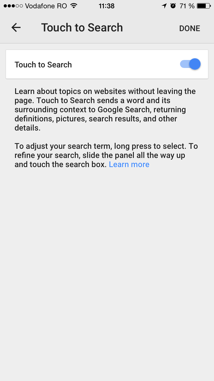 Chrome iOS Touch to Search privacy settings