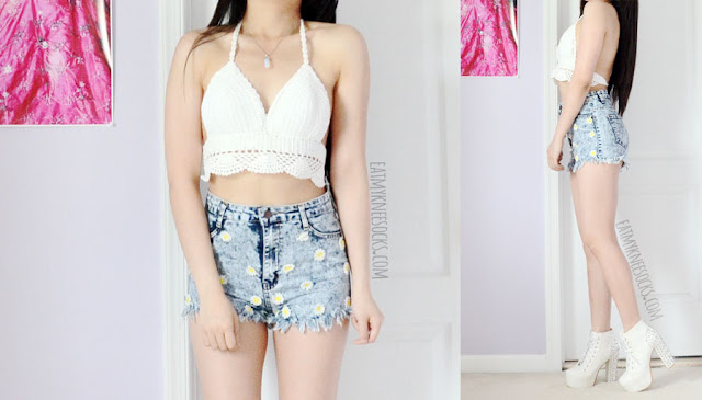 Dresslink Crop Top Haul: Part 1 A summer-ready outfit featuring the white crochet halter crop top bralette from Dresslink, paired with high-waisted acid wash floral applique denim shorts and platform booties.