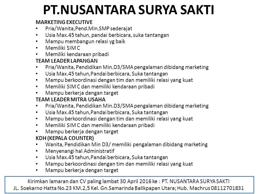 Lowongan Kerja Kota Balikpapan: Lowongan PT.NUSANTARA SURYA SAKTI