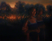 Figurative landscape at dusk with images of same person somewhat ghostlike