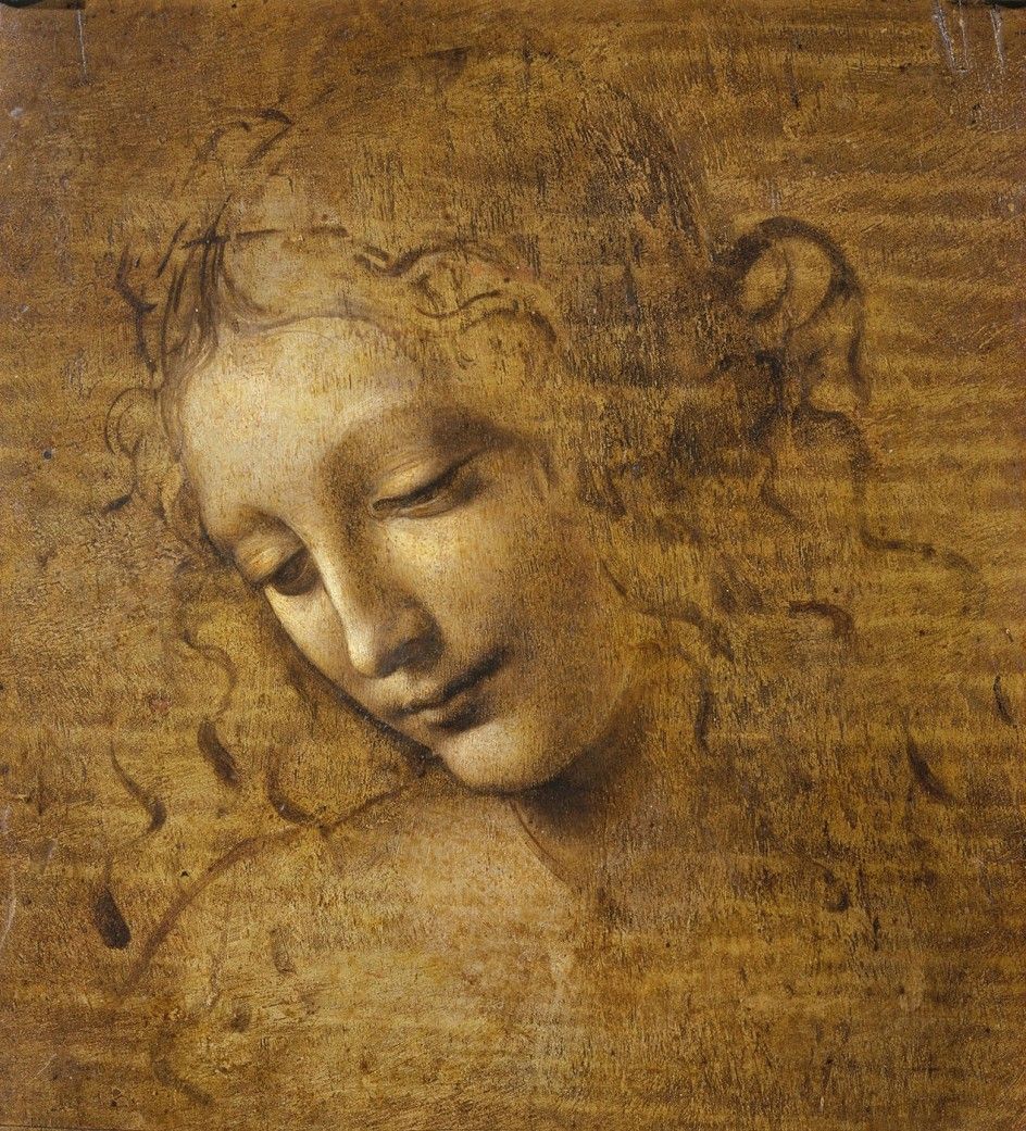 La despeinada. Leonardo Da Vinci. Hacia 1508, Tierra oscura, ámbar verdoso y albayalde sobre tabla, 24,7x21 cm. Parma, Galería Nacional, Palacio Pilota. La despeinada. Leonardo Da Vinci. Hacia 1508, Tierra oscura, ámbar verdoso y albayalde sobre tabla, 24,7x21 cm. Parma, Galería Nacional, Palacio Pilota.