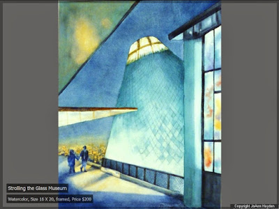 "Strolling the Glass Museum" watercolor by JoAnn Hayden watercolor painting of the Tacoma Museum of Glass by artist, JoAnn Hayden