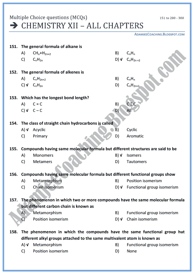 ENTRY TEST MCQ'S AND NOTES FOR XI AND XII Chemistry MCQ's