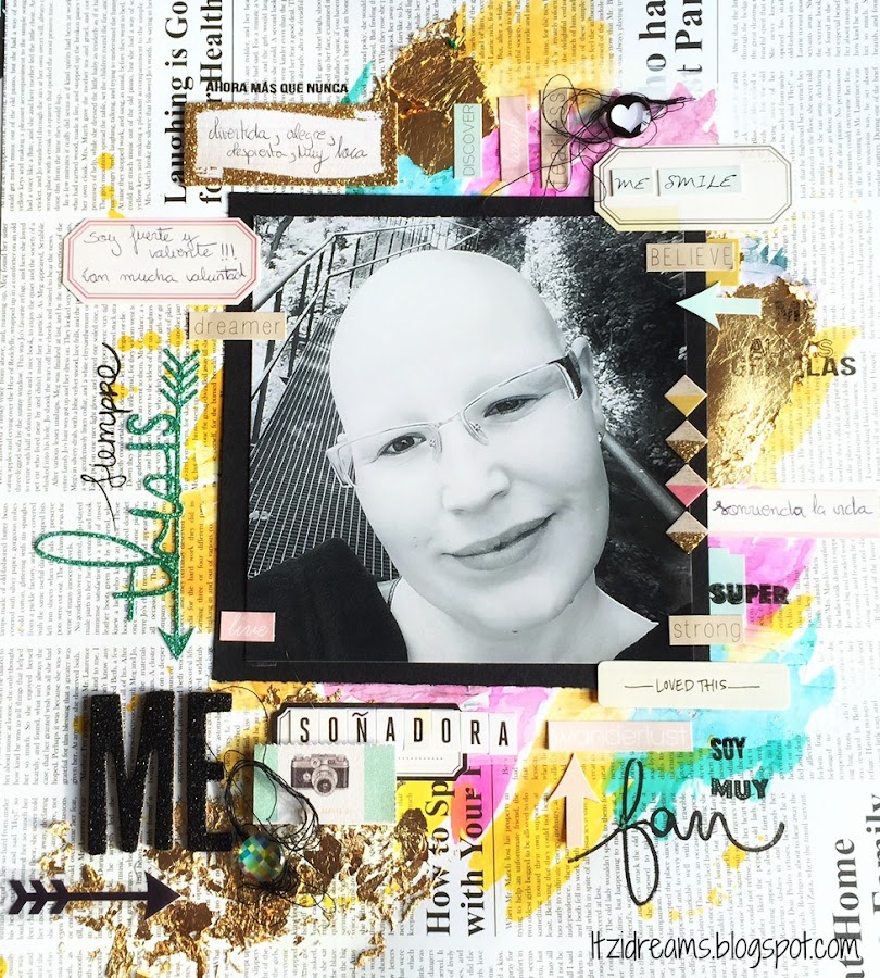Reto Kimidori, Scrapbook, Scrapbooking, layout, mix media, Maggi Holmes, watercolors, peerless, This is Me, Gold Leaf