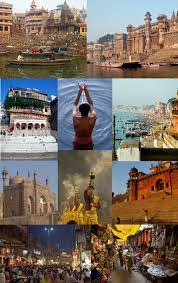 Clockwise from top: Manikarnika Ghat, Dashashwamedha Ghat, Lal Bahadur Shastri International Airport, Tibetan Temple in Sarnath, Banaras Hindu University, Kashi Vishwanath Temple