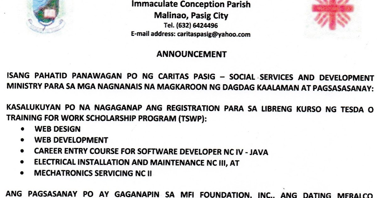 Libreng kurso ng TESDA at MFI Foundation, anunsyo ng Pasig SSDM