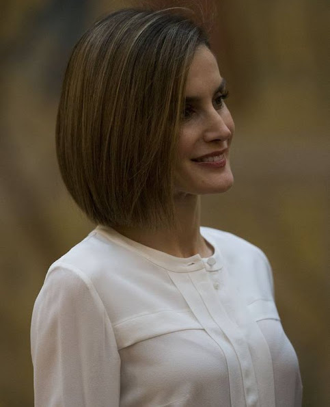 Queen Letizia of Spain and King Felipe VI of Spain attend a meeting with members of 'Princesa de Asturias' foundation at El Pardo Royal Palace
