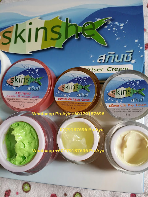 Skinshe Giftset Cream ( Shinete original ) Help reduce wrinkles freckles and dark spots faded. Anti oxidant with natural extracts. Fine white skin smooth and clear. Products you use, you will see the change. Within 15 days of the face. PRICE: 1 SET RM90 WEST MALAYSIA, RM95 EAST MALAYSIA..FREE POSTAGE WHATSAPP ORDER +60179187696 #skinshe #skinshegiftcream Skinshe Gift Set Cream in 1 set contains : 1. Skinshe Cleansing Foam ( White Cartridge, green meat ) Use clean face purely, no oil on the face and not dry skin. No. FDA 10-1-5754262 Ingredients : DI Water, Stearic Acid, Propylene glycol, Hostapon CT Paste, ODN, TEA, KD,Comperian 100 C, Myristic Acid, Amino coat, Bozeat 400, Cucumber Extract , Vitamin E, Vitamin B 3 Size: 40 g 2. Skinshe Day Cream ( Silver Cartridge ) Add moisture to the skin with a combination of natural energy collagen tripeptide. It is a collagen peptide extracted from deep sea fishing, is oil from the whales, seaweed deep. No. FDA 10-1-5800076 Ingredients : DI Water, AP Wax 80, OMC, Micronized, zinc oxide, DC345, Tianium dioxide nanosil, Hostaphat KL340D, Propylene glycol, Oligo GGF, Carrot Extract, Jojoba Leaf Extract, AVC, Paratexin FPX, Vitamin E, Glydant plus Size: 5 g 3. Skinshe Night Cream ( Gold Cartridge ) Sunscreen primer mix not sticky light cream. Make white face smooth and clear. Don't worry that face will have it because the ingredients of the cream has excellent quality. No. FDA 10-1-5800077 Ingredients : DI Water, AP Wax 80, Aminocoat, AVC, Propylene glycol, Oligo GGF, DC 345, Glycerine, Hostacphat KL 340D, Macadamia Oil, Glydant plus, Radish Extract, Arbutin, Kojic Acid , Vitamin B3, VitaminE, Mulberry Bark Extract , Allantion Size : 5 g 4. Skinshe Intensive Moisturizer Cream ( Pink Cartridge ) Help your skin hydrated throughout the night. Restore condition ready to welcome a new day, light cream not sticky. Comprising pueraria help tightening skin face taut. Beta glucan helps smooth skin. collagen helps strengthen the skin structure. vitamin helps the face radiant, mango extract helps keep skin youthful. No. FDA 10-1-5800080 Ingredients : DI Water, AP Wax 80, Aminocoat, GGF, Propylene glycol, DC 344, Propylene glycol, Hostacerin SAF, Macadamia Oil, Evening Primerose Oil, Tumeric Extract, Jojoba Leaf Extract, Lavender Extract, Allantion, Vitamin E Size : 10 g How to use Skinshe Giftset Cream in 1 day : In the morning. 1. Cleansing with Skinshe Cleansing Foam ( White Cartridge, green meat ) 2. Apply Skinshe Intensive Moisturizer Cream ( Pink Cartridge ) 3. Apply Skinshe Day Cream ( Silver Cartridge ) In the evening 1. Cleansing with Skinshe Cleansing Foam ( White Cartridge, green meat ) 2. Apply Skinshe Intensive Moisturizer Cream ( Pink Cartridge ) 3. Apply Skinshe Night Cream ( Gold Cartridge )