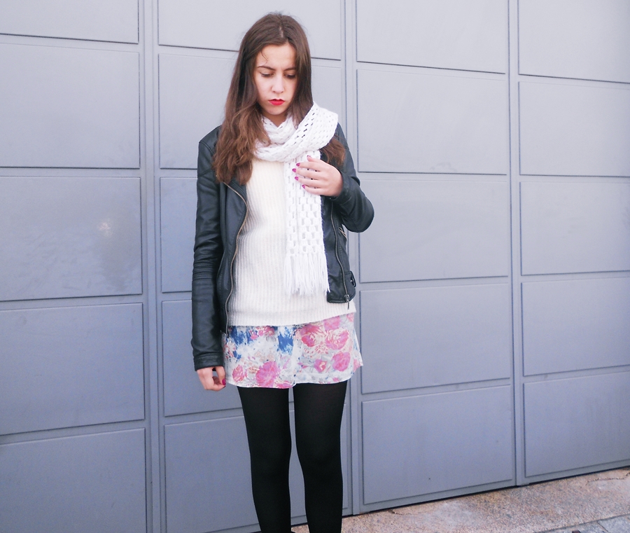 outfit floral skirt leather jacket