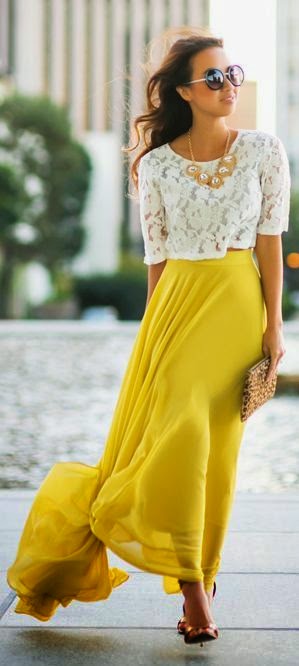 Women's fashion | White crochet top, vaporous yellow skirt | Luvtolook ...