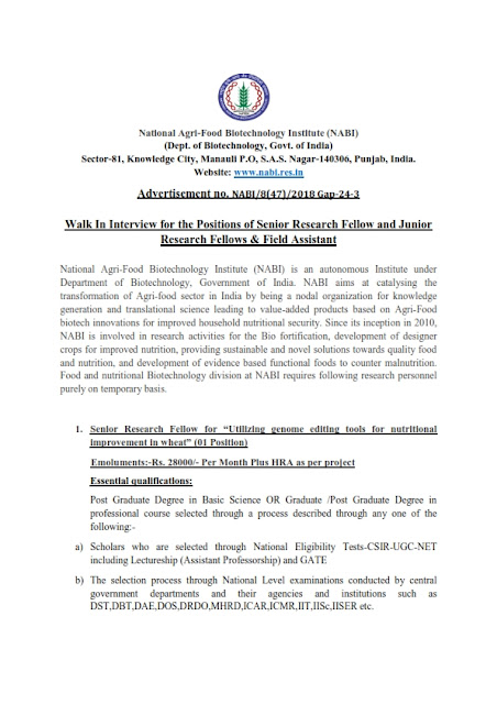 Senior & Junior Research Fellows and Field Assistant posts in NABI, Punjab