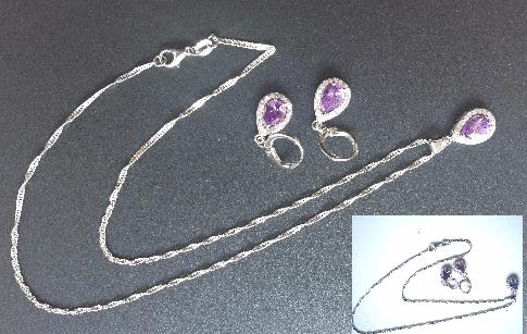 925 Silver Cubic Zirconia Purple Crystal Clear Necklace and Earring Set