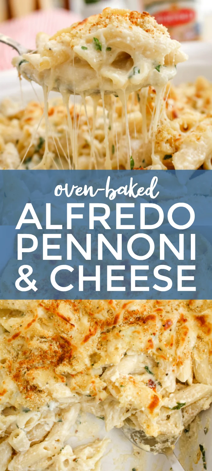 This Oven-Baked Alfredo Pennoni and Cheese made with ricotta cheese and fresh basil leaves is lightened up with a creamy cauliflower Alfredo Sauce! #alfredosauce #macaroniandcheese #pasta #ad