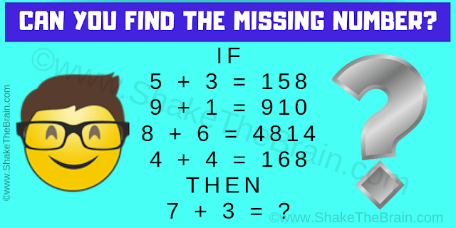 IF  5 + 3 = 158  9 + 1 = 910  8 + 6 = 4814  4 + 4 = 168  THEN   7 + 3 = ? Can you solve this Math Equations Logic Puzzle?