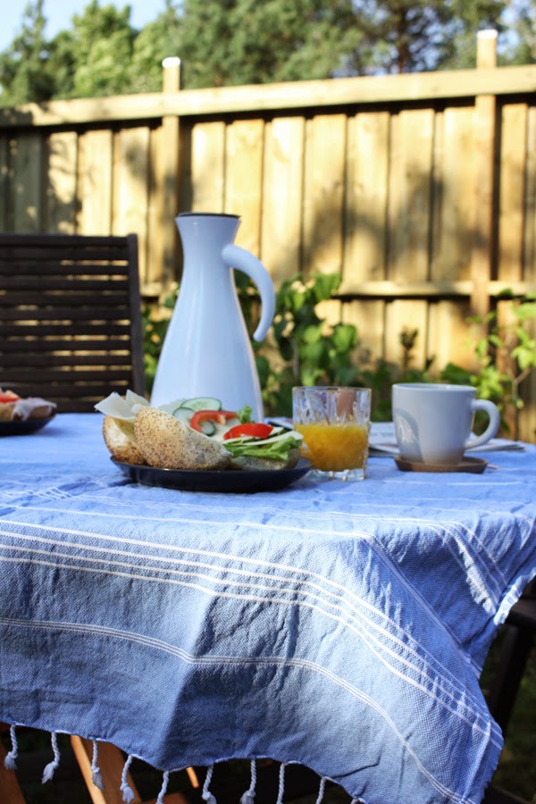frukost, frukosten, ute i trädgården, äta ute, utomhus, trädgårdar, kaffetermos eva solo, blå handduk, frallor, juice, kaffe, höganäs kaffekopp