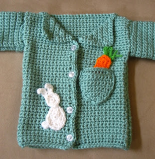Crochet baby boy cardigan with rabbit and carrot appliques