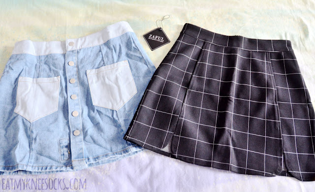 Zaful Fashion Review: Denim Button-Front Skirt + Black Grid Skirt My order from Zaful contained a denim button-front skirt with rose patch embroidery and a black grid bodycon Brandy Melville Raquel dupe skirt.