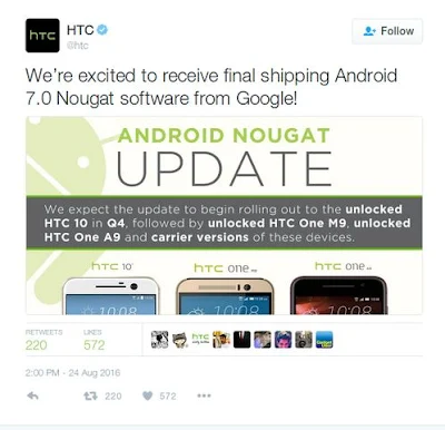 HTC 10, One A9 dan One M9 Update Android N