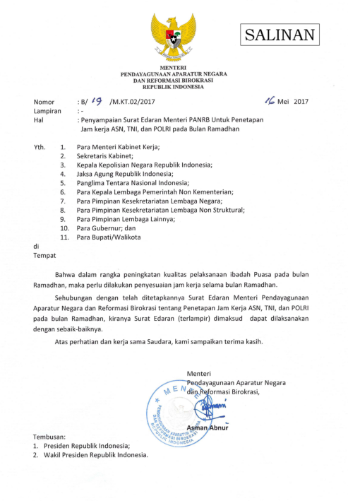 Edaran Menpan Nomor 20 Tahun 2017 Tentang Penetapan Jam Kerja Asn Tni Dan Polri Pada Bulan Ramadhan Infoguruku